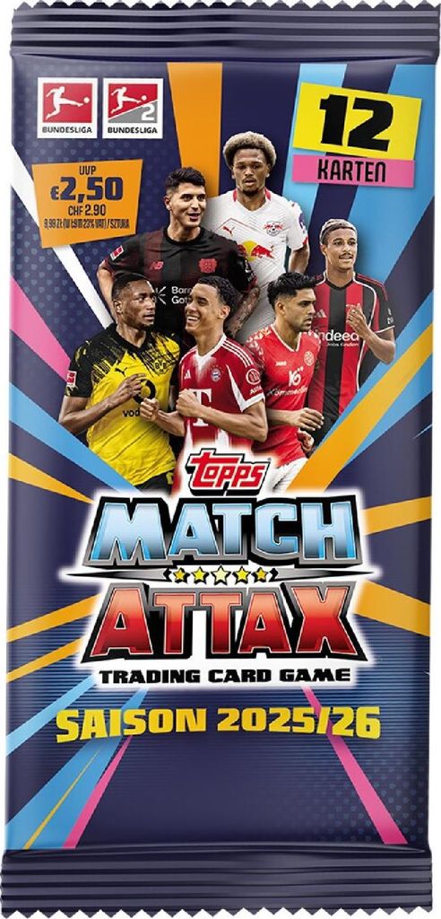 A product packaging for a trading card game booster pack, featuring images of football players and game branding.