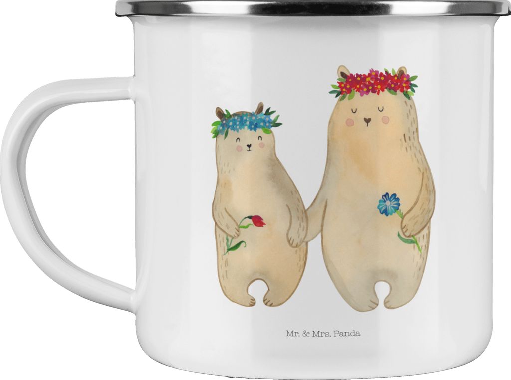 Mr. & Mrs. Panda Teetasse Bären mit Blumenkranz - Weiß - Geschenk, Mutter, Teebecher, Mama, Muttertag, Motivtasse, Emaille Tasse, Haferl, Kinder,...