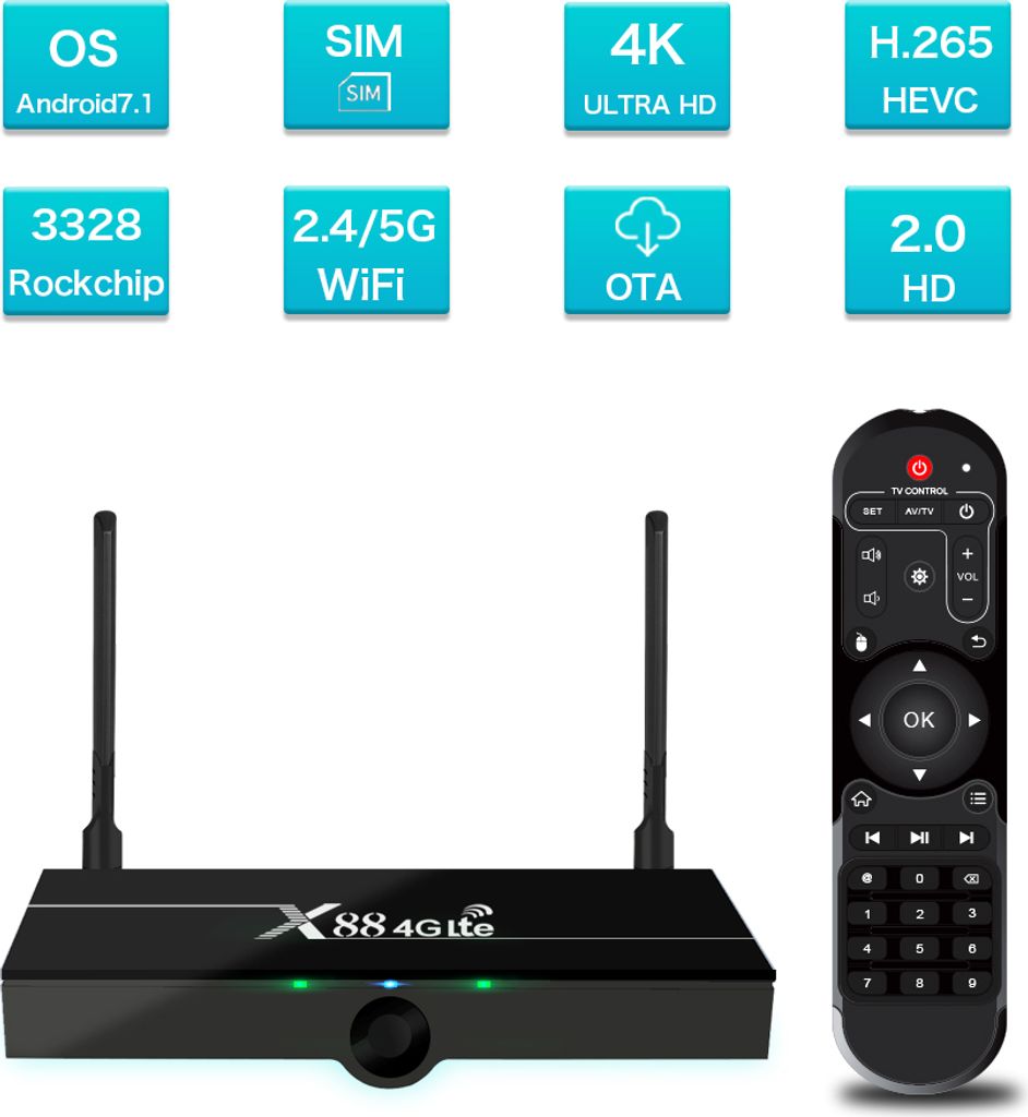 X88 4G Lte TV Box Android 9.0 2GB RAM 16GB Google Voice Assistant RK3328 4K Quad Core mit SIM Karte australische Vorschriften