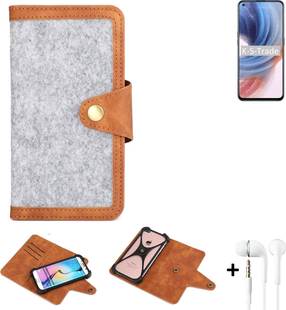 K-S-Trade Handyhülle + Kopfhörer kompatibel mit Oppo K9 Pro 5G Schutzhülle Filz Hülle Kunstleder hellgrau braun (1x)