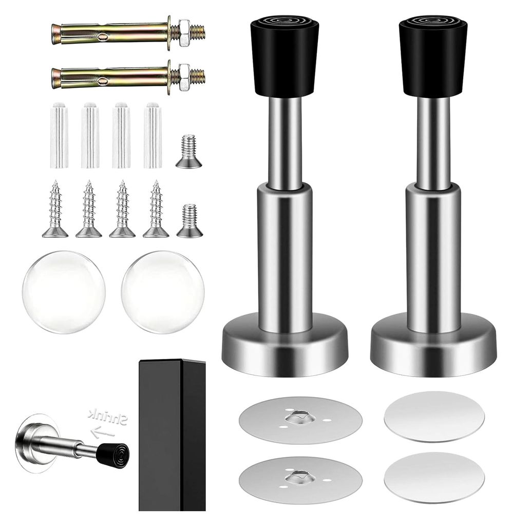 2 Stück Verstellbarer Türstopper aus Edelstahl, Teleskop-Wandtürstopper mit Gummipuffer, leiser Lauf, Wandmontage, duale Installation, ausziehba...