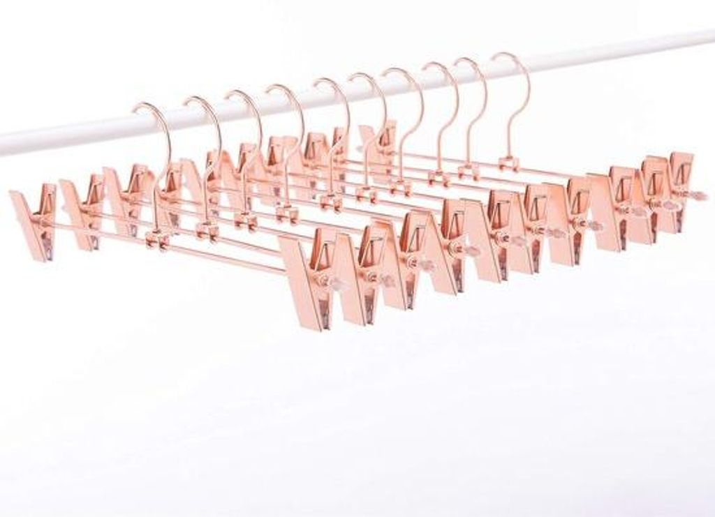 10er Set rosa Kupfer Kleiderbügel, 33 cm, für Hosen und Röcke, mit verstellbaren Klammern und 360° drehbarem Haken, platzsparend