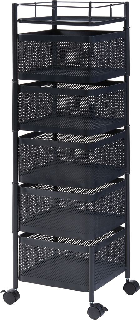 A black rolling cart with five mesh baskets and a top shelf, shown against a white background.