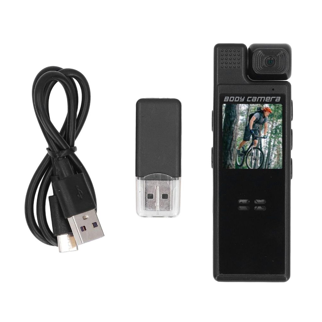 A black body camera with accessories laid out on a white background.