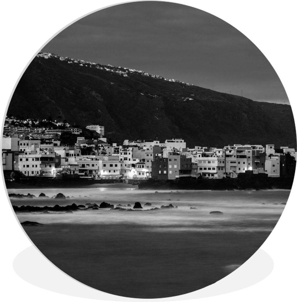 MuchoWow Rundes Wandbild - Runde Bilder Nachtszene von Puerto de la Cruz, Teneriffa - Schwarz und weiß Ø 60 cm Kreis Wanddekoration Kunststoff ...