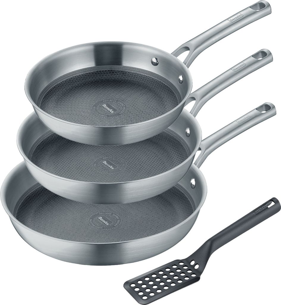 4-teiliges Set Bratpfanne 20+24+28 cm, Edelstahl, poliert, inkl. Pfannenwender - Tricion Resist