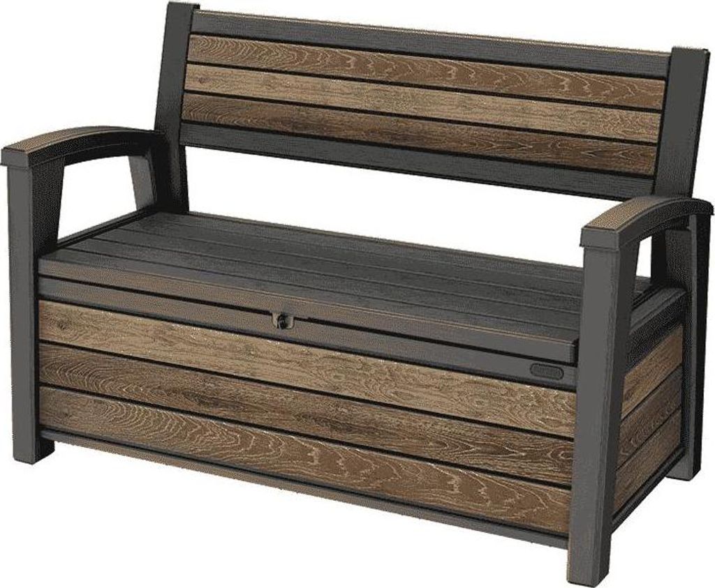 A storage bench with a wood-like finish.