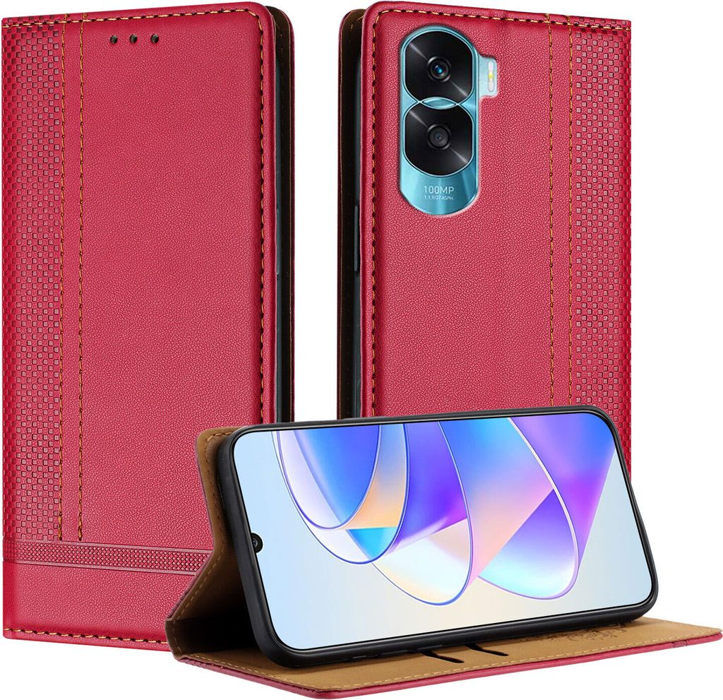 Handyhülle für Honor 90 Lite Leder Flip Klappbare Schutzhülle mit Standfunktion Rot