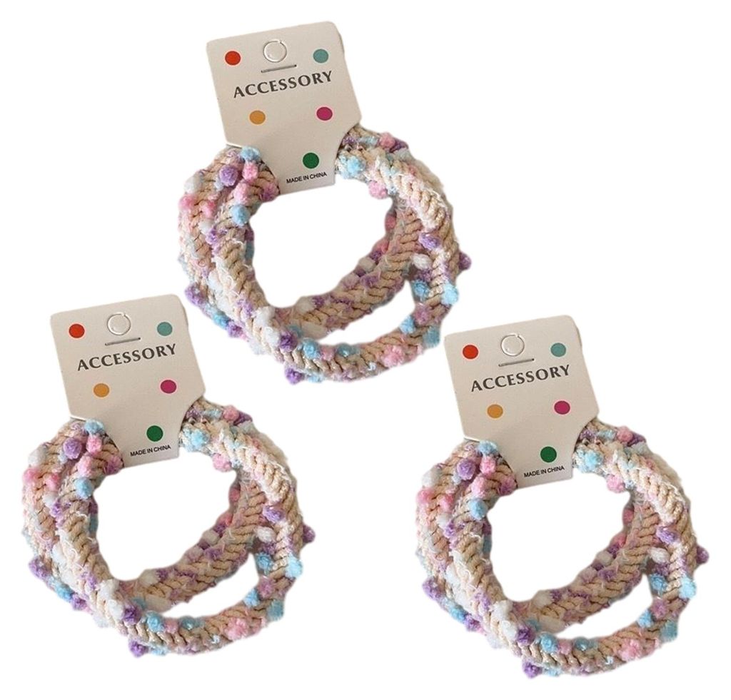 6er-Pack Haargummis, weiche, gewebte Wollhaargummis mit geflochtenem Design, Haargummis für Pferdeschwanz und Dutt mit Pompons, Haaraccessoires
