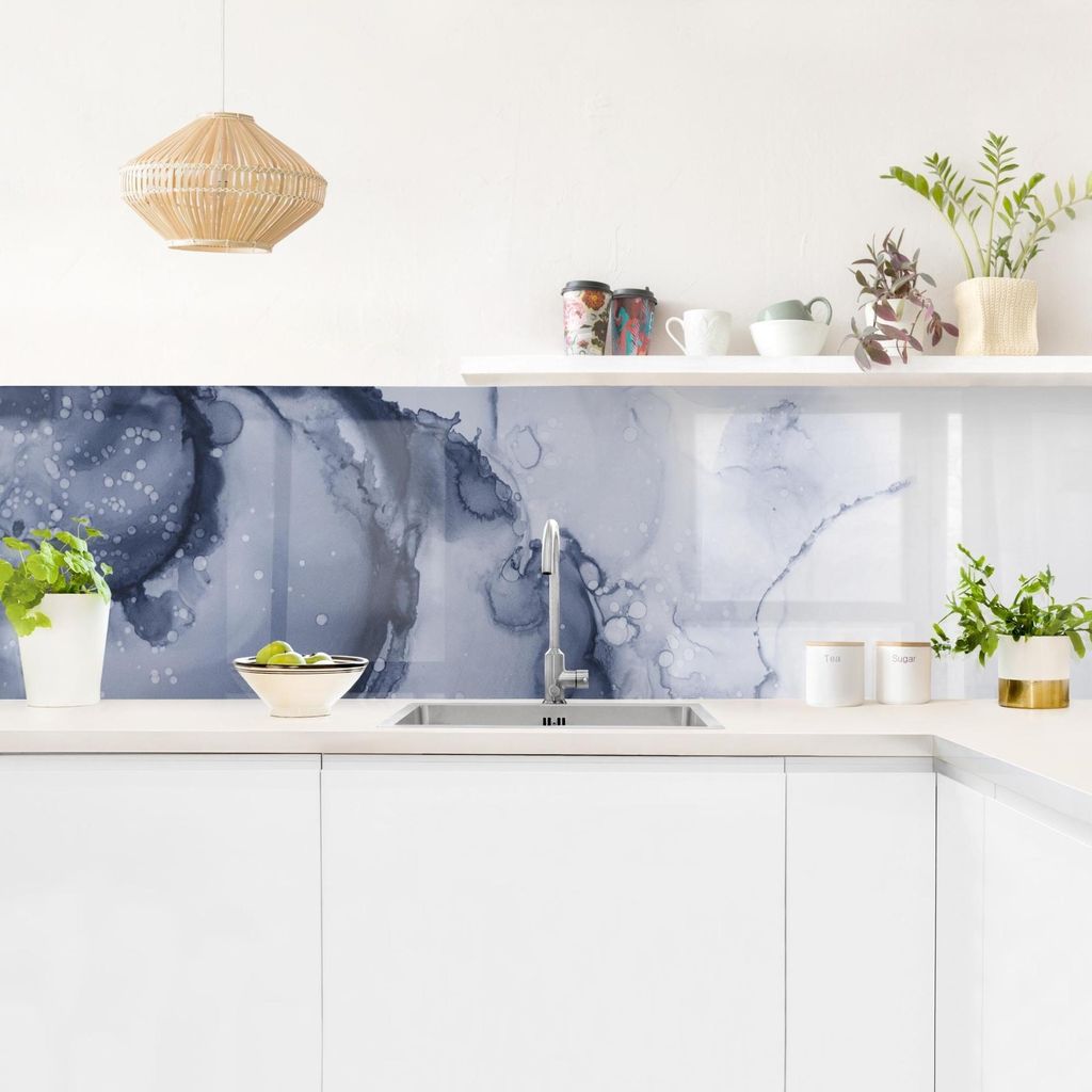 Küchenrückwand Muster selbstklebend - 0.35 mm Wandpaneel wasserfest Design blau Aquarell Illustration Spritzschutz fugenlos
