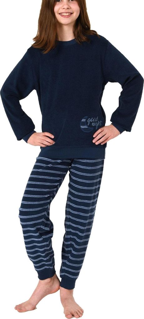 Mädchen Frottee Pyjama langarm Schlafanzug mit Bündchen, Hose gestreift - 212 401 13 800 ; navy , 122