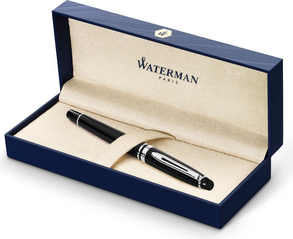 Waterman Expert Füller | Hochglänzend Schwarz mit Chromzierteile | Füllfederhalter Mittlere Spitze | Geschenkbox