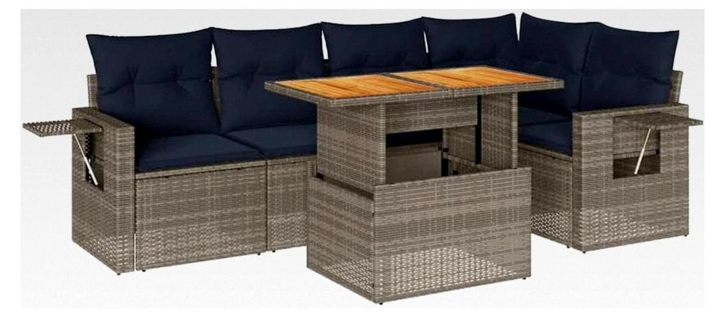 6-teiliges Garten-Sofagarnitur mit Kissen in Grau aus Poly Rattan, Outdoor Sofa Set, Garten-Lounge-Set