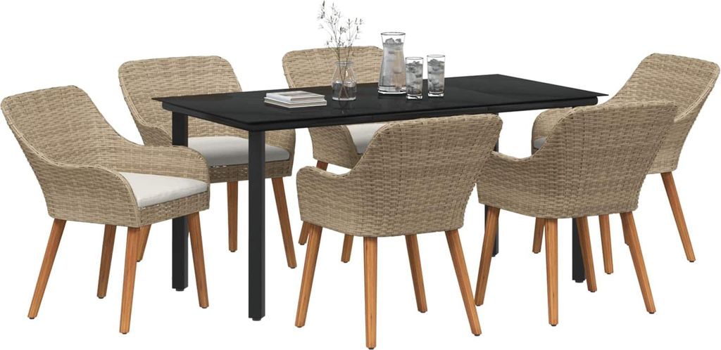 vidaXL Garten Essgruppe mit Kissen 7 pcs Beige Poly-Rattan