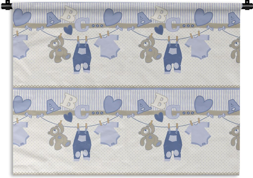 MuchoWow Wandteppich Wandbehang Babykleidung - Wäscheleine - Teddybär - Schnittmuster 120x90 cm Tapisserie Dekoration Wandtuch - Wohnen - Aufh...