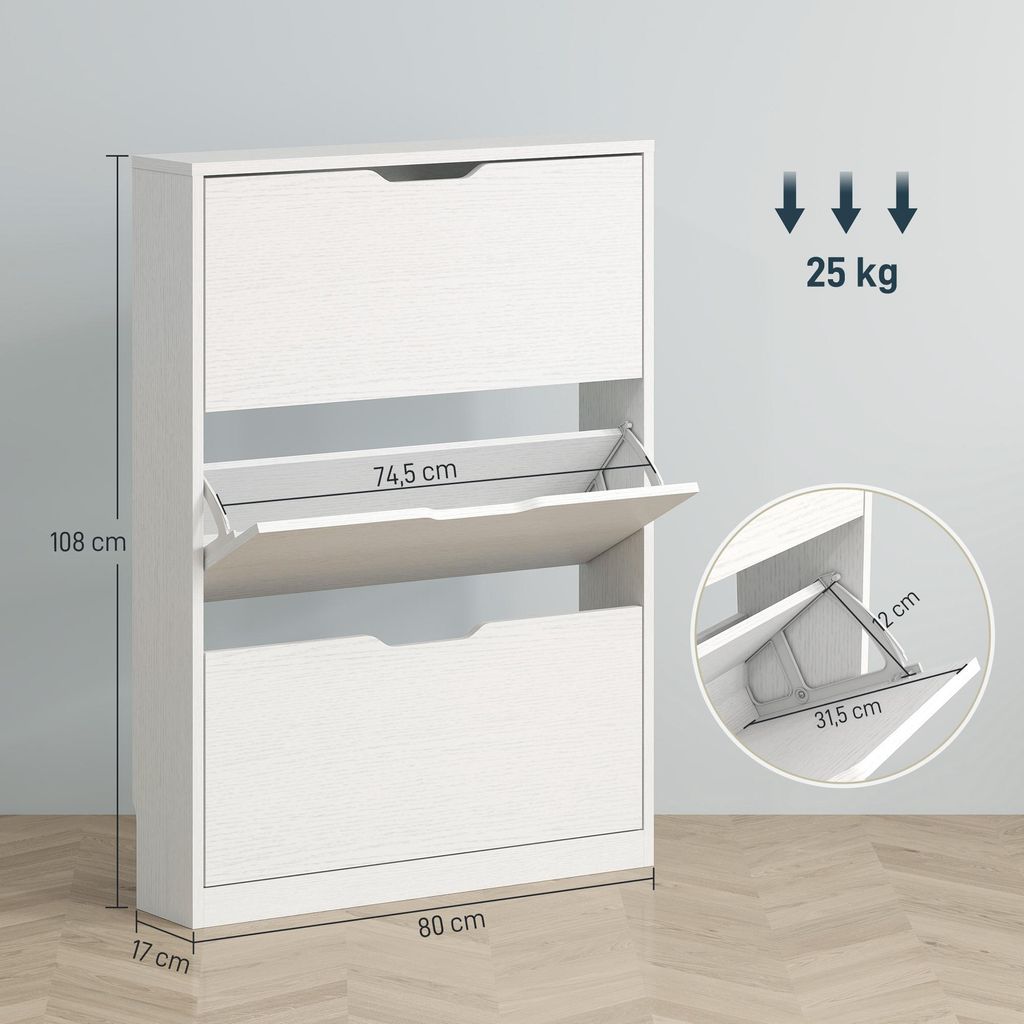 HOMCOM Schuhschrank Mit 2 Klappen – Für 14 Paar Schuhe, Mit Haken, Schublade & Offenen Fächern, 93x30x90 Cm, In Natur