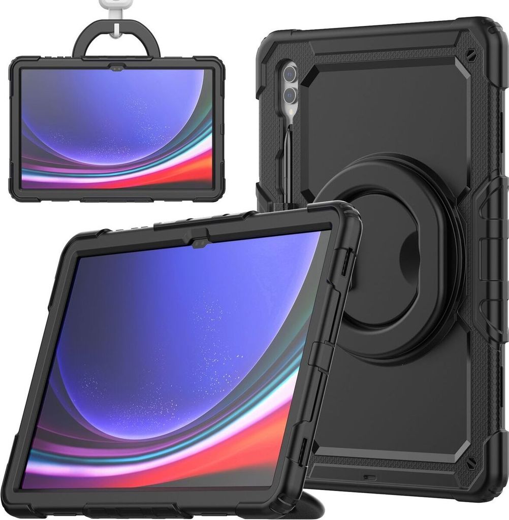 A collage of three images showing a black tablet case from different angles, including one with a handle and another with a rotating stand.