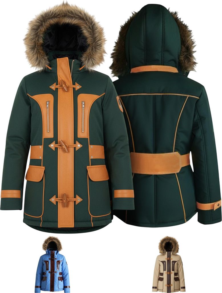 Damenjacke Jacke winterjacke mit aufgenähten Lederstreifen und webpelz, Farbe:Grün, Größe:42/XL