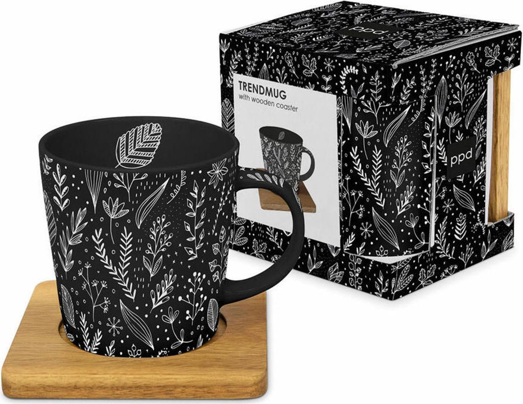 PPD Pure Leaflet black Trend Mug Nature, mit Holzuntersetzer, Tasse, Teetasse, Kaffee Becher, 350 ml, 604569