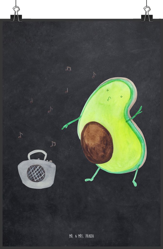 Mr. & Mrs. Panda Bild Avocado Tanzen DIN A1 - Kreidetafel - Geschenk, Musik, Deko, Party, wanddeko, Kunstdruck, Wandbild, Fröhlich, Singen, Plakat