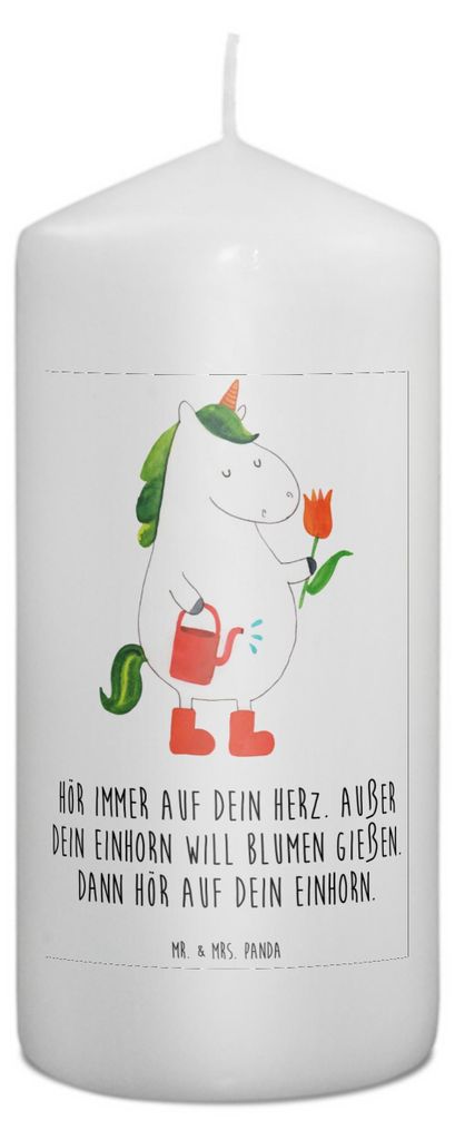 Mr. & Mrs. Panda Kerze Einhorn Gärtner 15 x 7 cm - Weiß - Geschenk, Stumpenkerze, Freundin, Blume, Bedruckte, Unicorn, Einhörner, Zylinderkerze,...