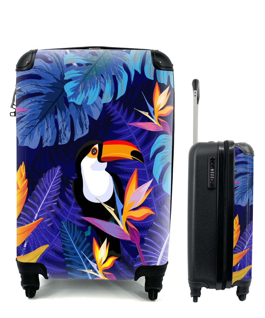 MuchoWow Koffer Handgepäck Trolley Rollkoffer Kleine Reisekoffer mit 4 Rollen - Dschungel - Tukan - Blumen - Pflanzen - Kinder - Lila - Tiere - ...