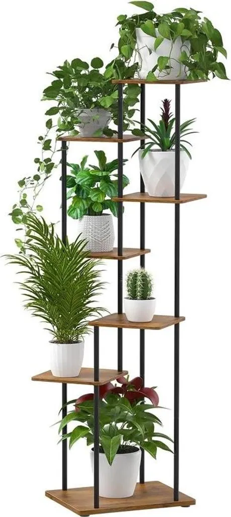 Étagère à plantes 7 étages en bois et métal noir - Support fleurs jardin