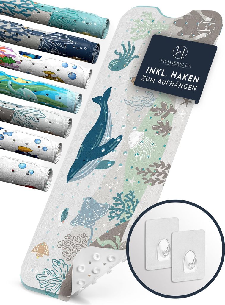 Homerella Badewannenmatte rutschfest Kinder 100x40cm - 100% BPA frei Inkl. 2 Haken zum Aufhängen - Antirutschmatte Badewanne Baby hautsensitiv