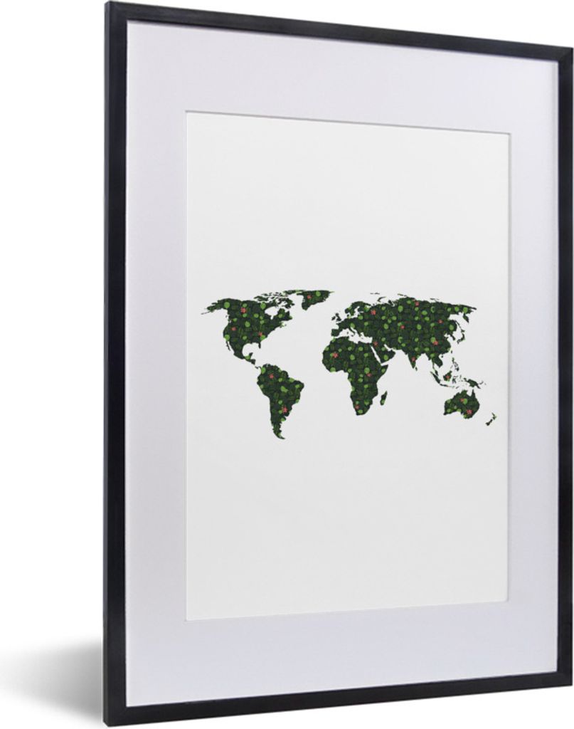 MuchoWow Gerahmtes Poster Weltkarte - Pflanzen - Tropisch 30x40 cm - Poster mit Schwarzem Bilderrahmen Wandposter Rahmen Foto Bilder - Wandposter...