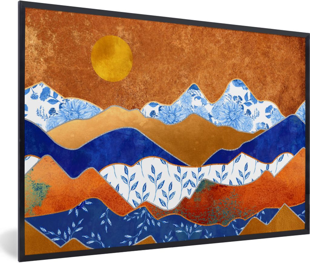 MuchoWow Gerahmtes Poster Delfter Blau - Gold - Muster 60x40 cm - Poster mit Schwarzem Bilderrahmen Wandposter Rahmen Foto Bilder - Printing - Wa...