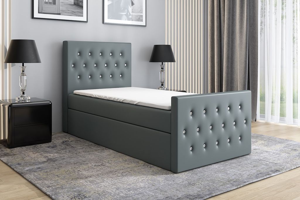 Boxspringbett, Jugendbett LILI 80x200 (Rechts) mit Bettkästen, Bonell-Matratze und Topper. Farbe: Grau