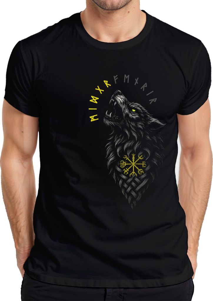 Wikinger Wolf Vegvisir Nordische Runen Kompass Mythologie Fenrir Herren T-Shirt, Schwarz, XL
