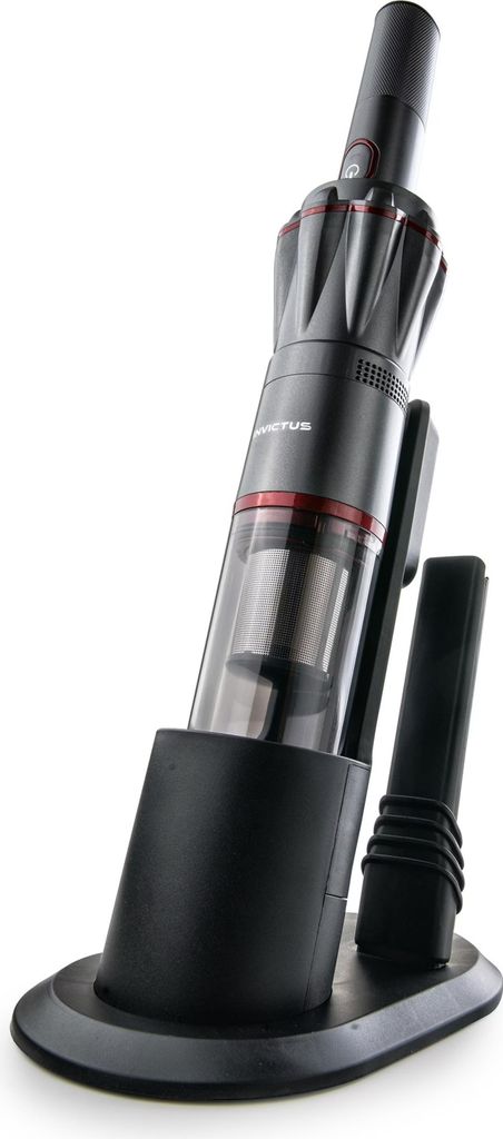 A handheld vacuum cleaner and its charging dock, against a white background.