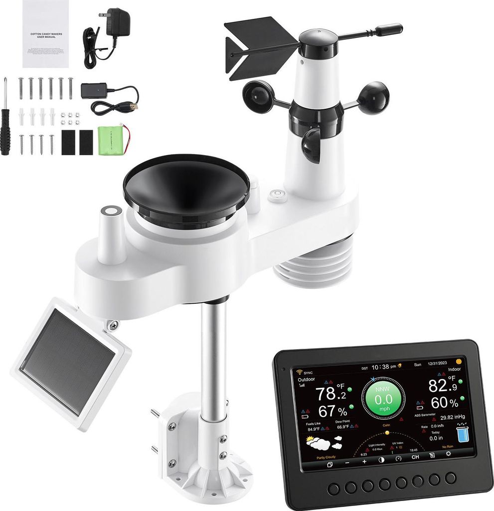 SucceBuy 7-in-1 WLAN-Wetterstation mit 7-Zoll-TFT-Display, solarbetriebener Außensensor, Wetterstation zur Wetterprognose, Messung von Windgeschwi...