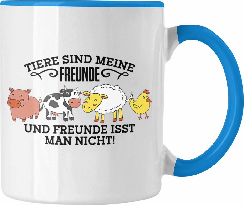 Trendation - Lustige Veganer Tasse - "Tiere sind meine Freunde" Geschenk für Tierliebhaber (Blau)