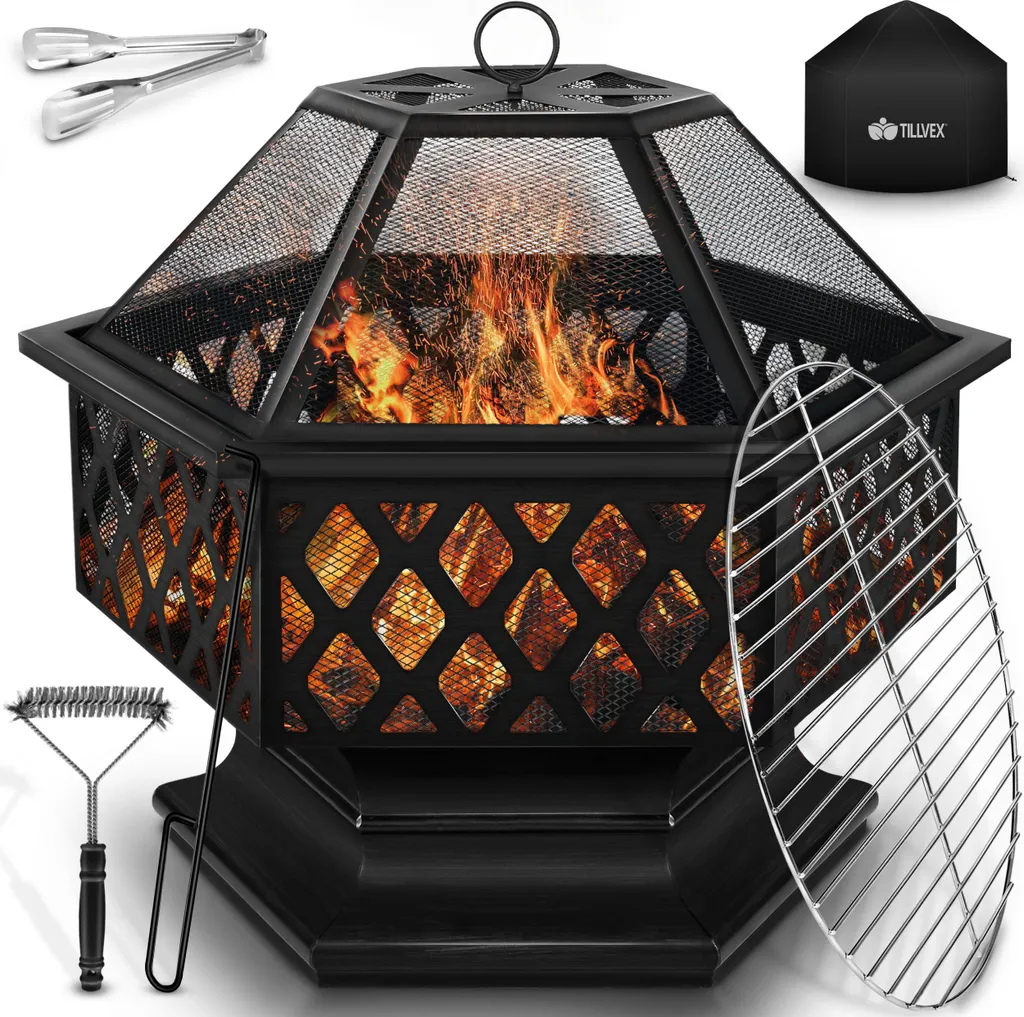 Foyer de jardin 4 en 1 avec couvercle de protection et grille BBQ
