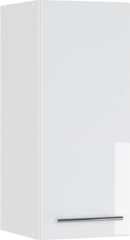 A white high-gloss wall cabinet with a silver handle.