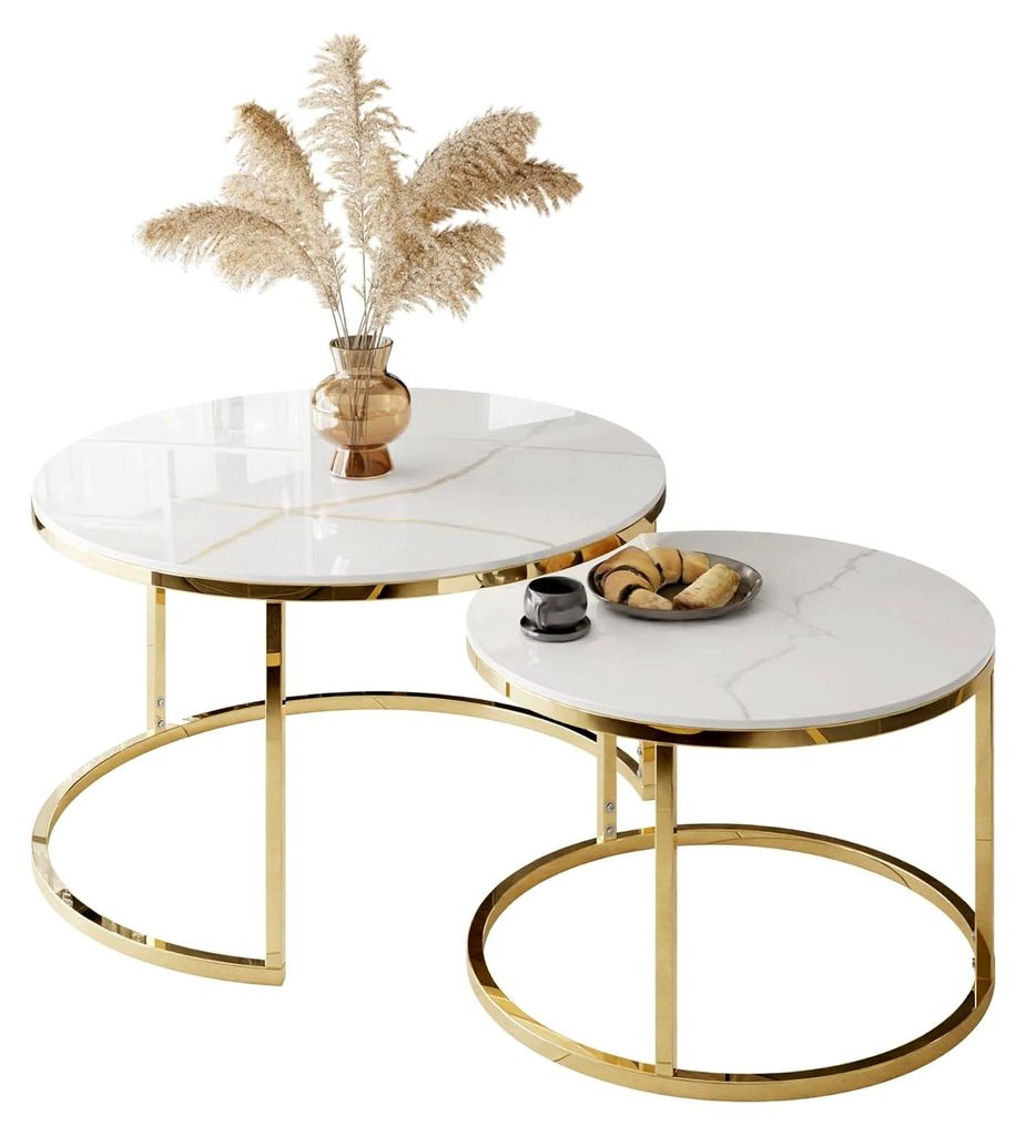 Couchtisch-Set SELAVI 2in1 – moderner Beistelltisch mit Tischplatte in Weißer Marmor-Optik, Gestell in Gold-Chrom, Nesting-Set, 80×42 cm & 60×...
