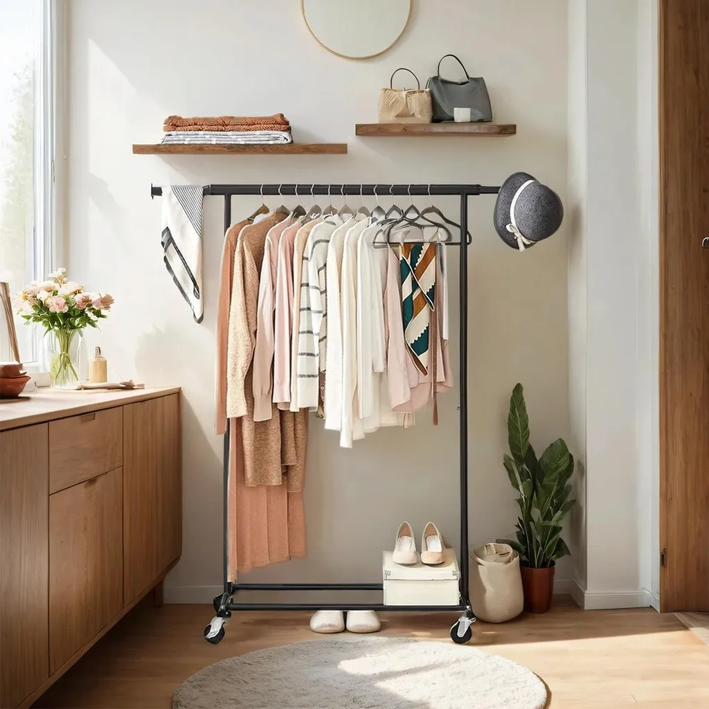 Porte-manteau mobile robuste avec tringle extensible - Métal Noir