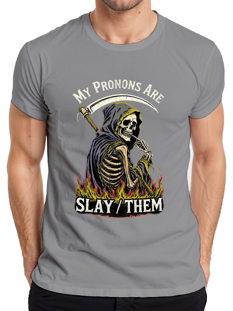 My Pronouns Are Slay Them Skelett Sensenmann Flamme düster Herren T-Shirt, Grau, XL