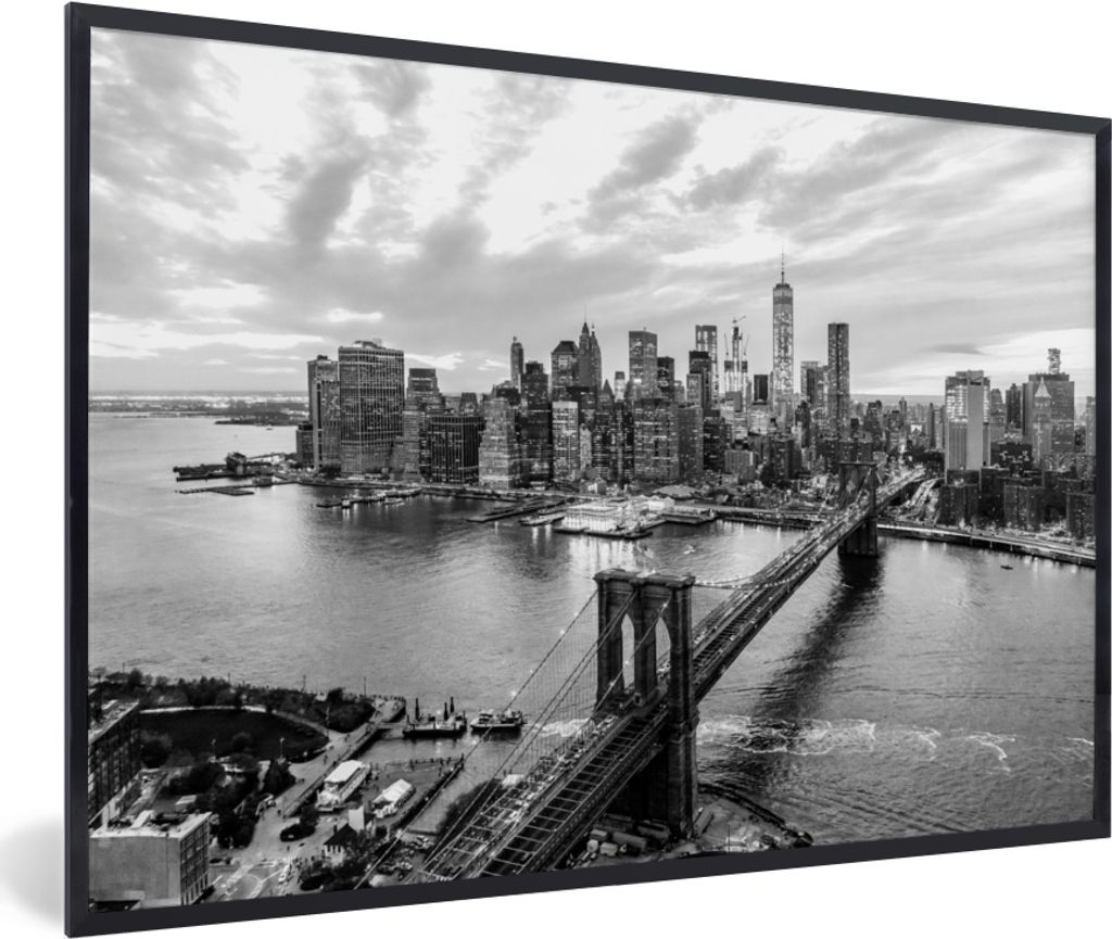 MuchoWow MuchoWow Gerahmtes Poster New York - Brooklyn - Brücke - Schwarz - Weiß 60x40 cm - Poster mit zchwarzem Bilderrahmen - Printing - Wa...