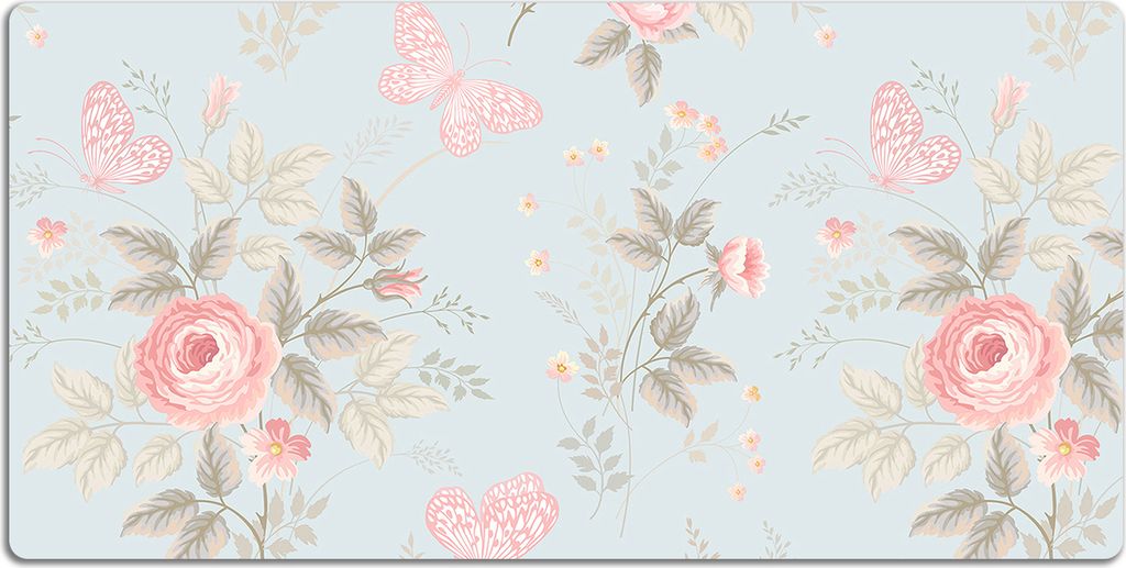 Schreibtischmatte Tischunterlage 120x60 cm Mauspad - Rosen und Schmetterlinge.