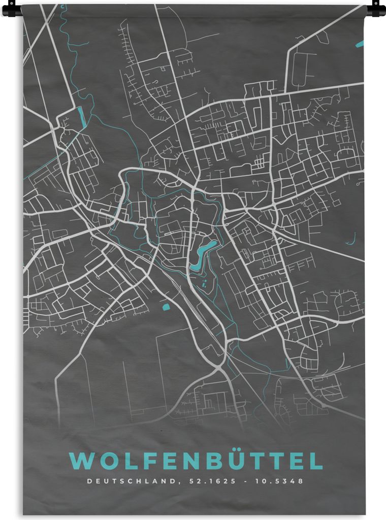 MuchoWow Wandteppich Wandbehang Stadtplan - Deutschland - Blau - Wolfenbüttel - Karte 120x180 cm Tapisserie Dekoration Wandtuch - Schlafzimmer -...