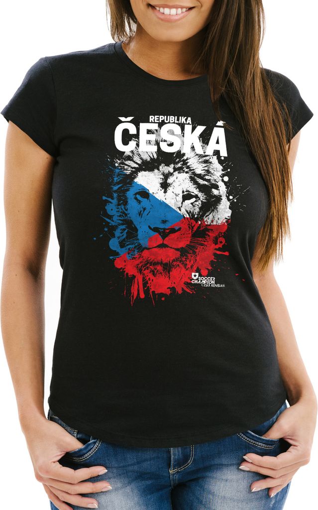 Damen T-Shirt Fanshirt Česká republika Fußball EM WM Löwe Tschechien MoonWorks schwarz M