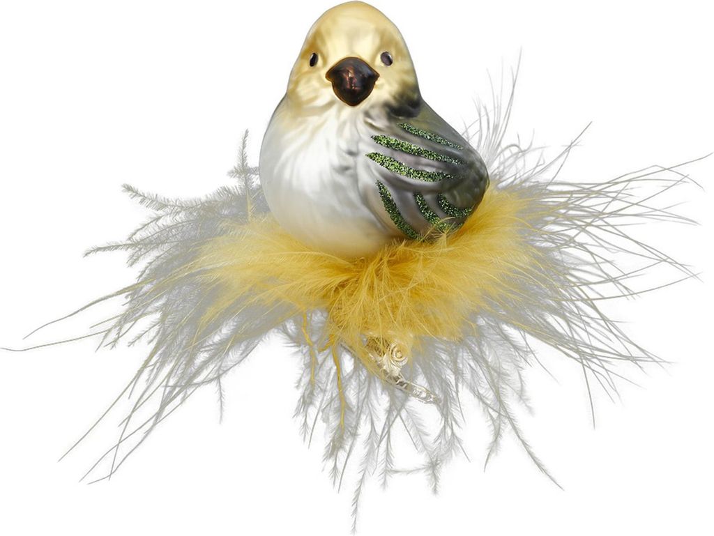 Christbaumschmuck Glas Vogel mit Federschwanz auf Clip 7cm Grünfink