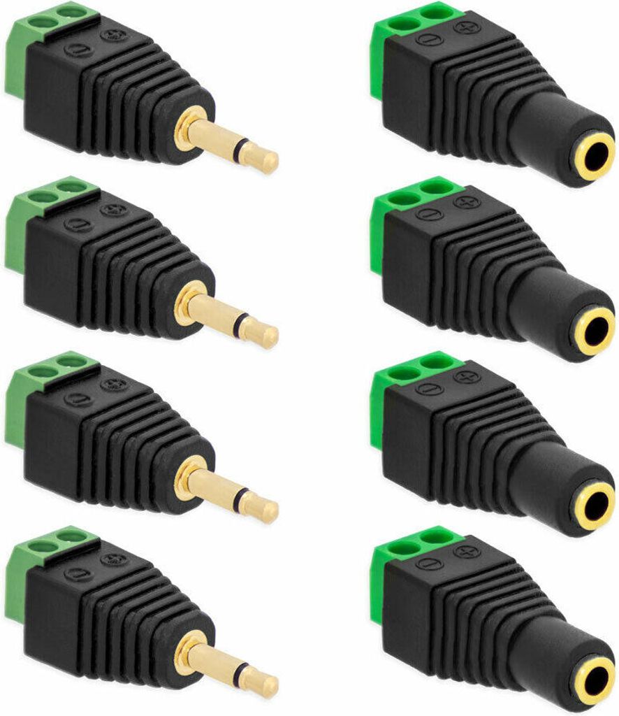4X Klinken Stecker + 4X Buchsen 3,5mm Adapter > Terminalblock 2 Pin Schraub Klemme Set
