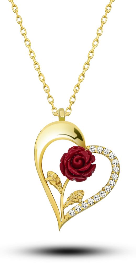 925 Silber Kette Herz & Rote Rose – Damen Halskette Gold mit Zirkonia Steinen
