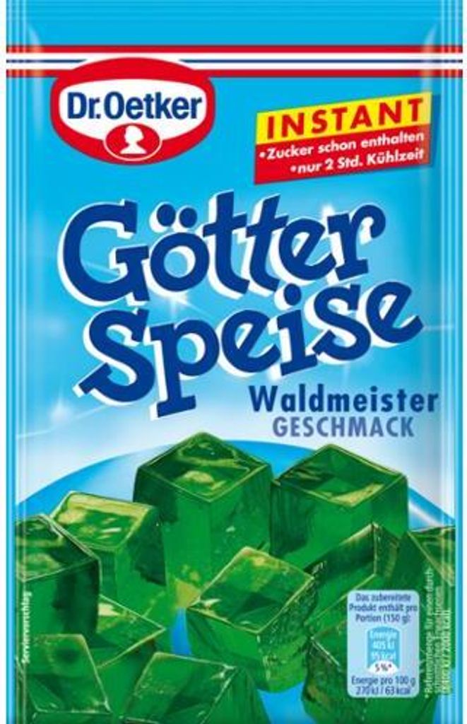 A package of Dr. Oetker Götterspeise Instant Waldmeister flavor jelly powder.