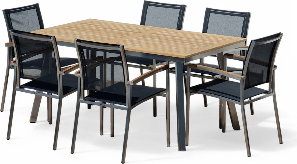 ALEOS. Gartengarnitur Edelstahl Teak Set Tisch Nassau 160x90 cm + 6 stapelbare Sessel schwarze Batyline Bespannung Stapelsessel A-Grade Teak Holz G...