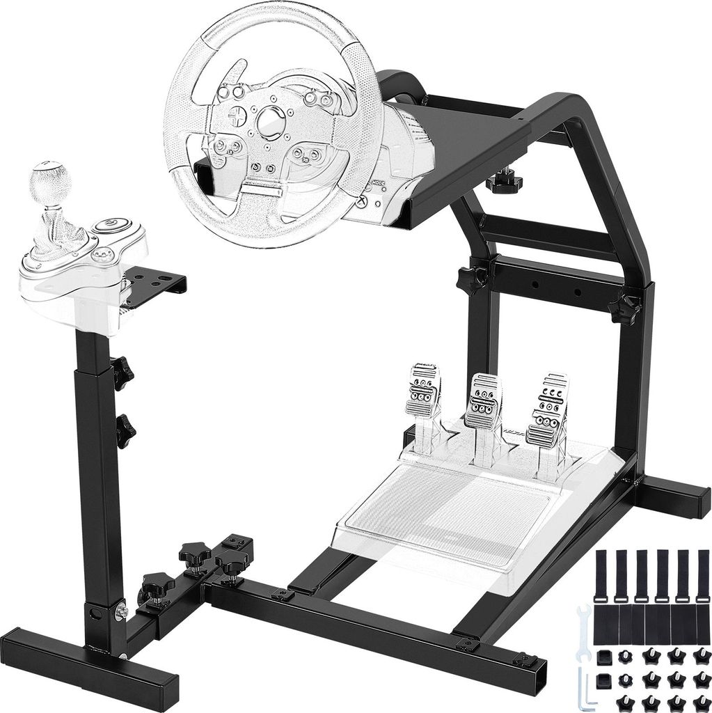 A racing wheel stand with a steering wheel, pedals, and gear shifter attached.